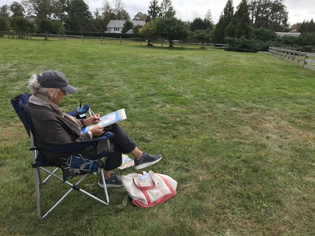 Teresa painting in watercolor outdoors, seated in a field
