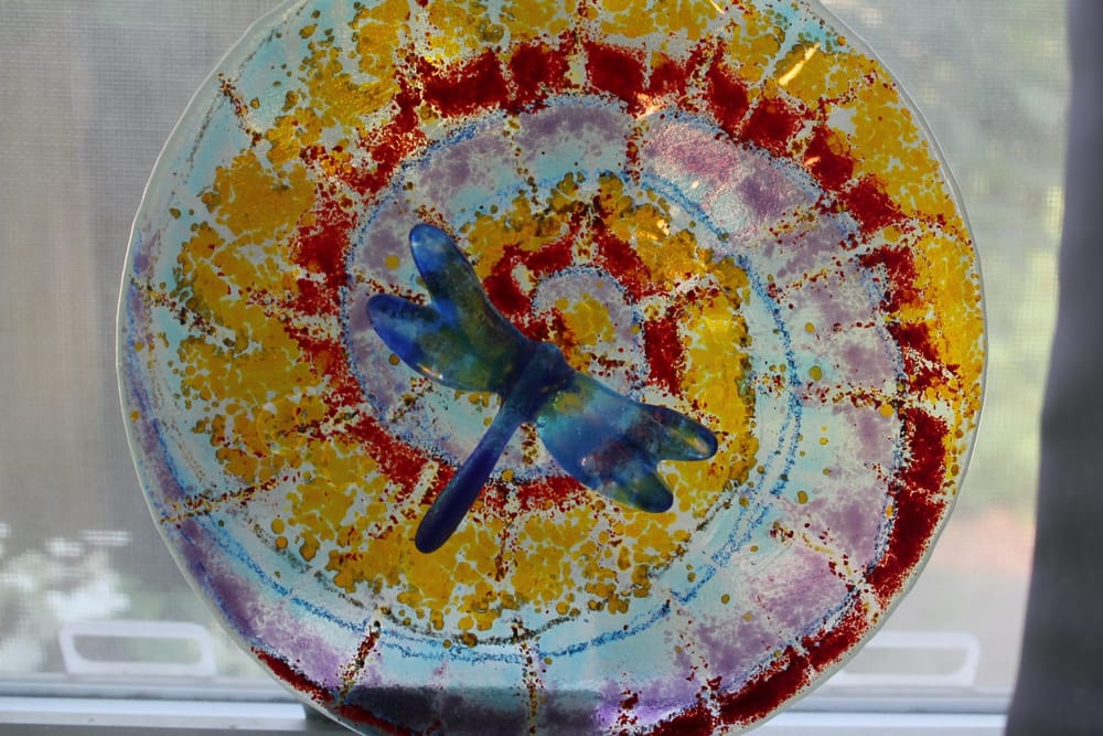 Round fused-glass dish with a dragonfly, backlit by a window