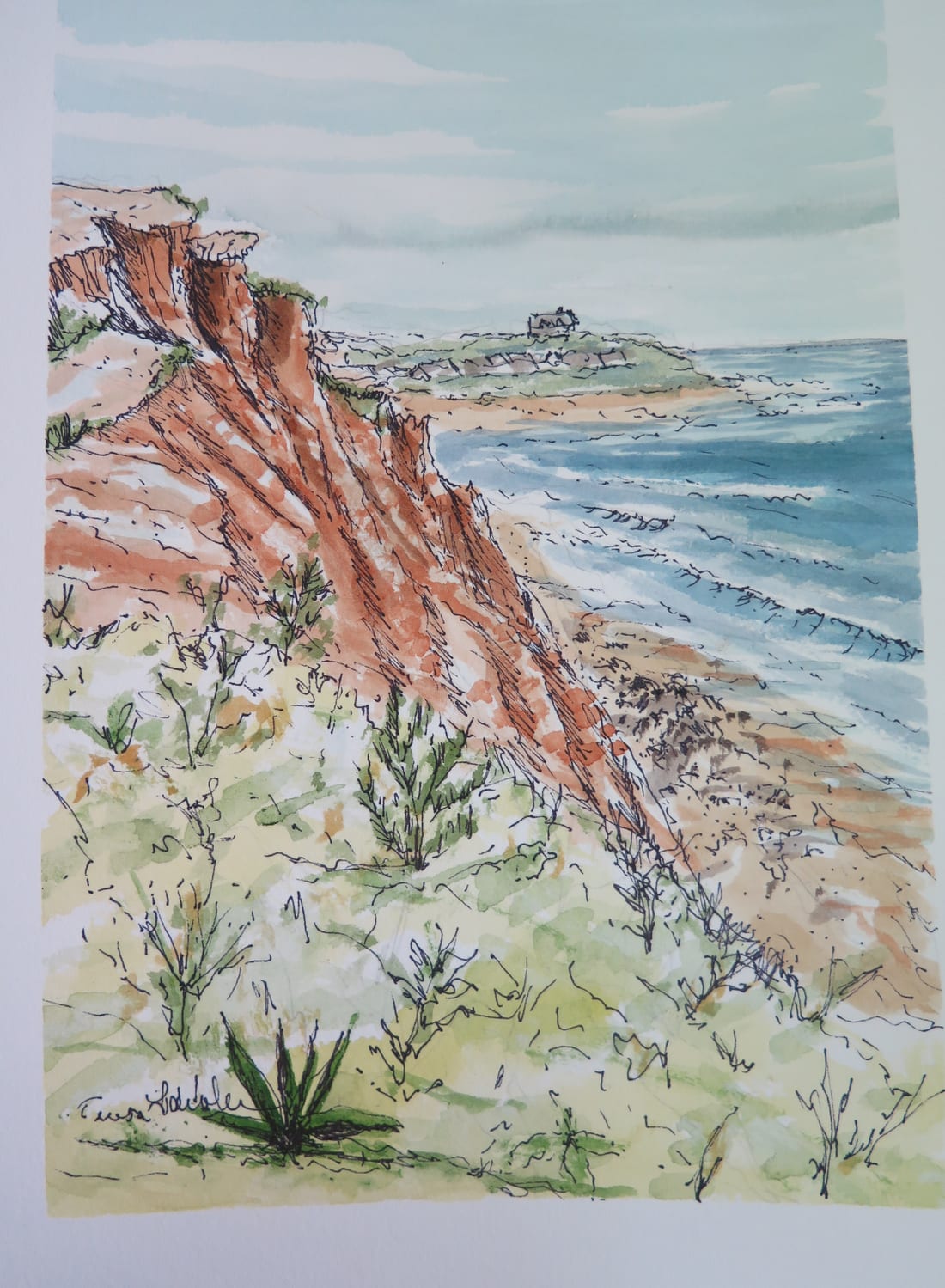 Watercolour of the Hooken cliffs and shoreline