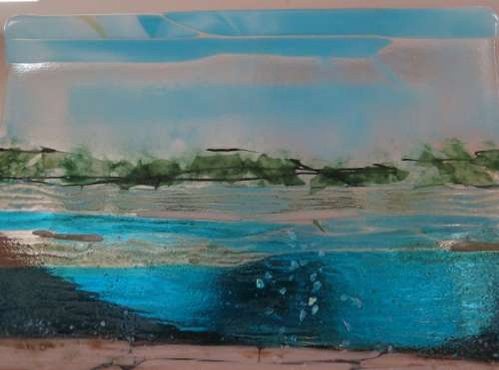 Slumped glass tray in turquoise, the colours of shallow water