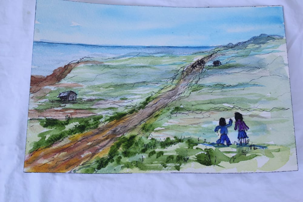 Ink-and-watercolor illustration of children walking a coastal path
