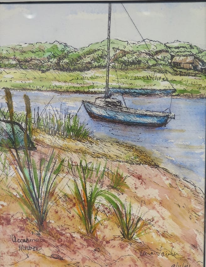 Watercolor of a sailboat moored in a harbor, with beach grass in the foreground